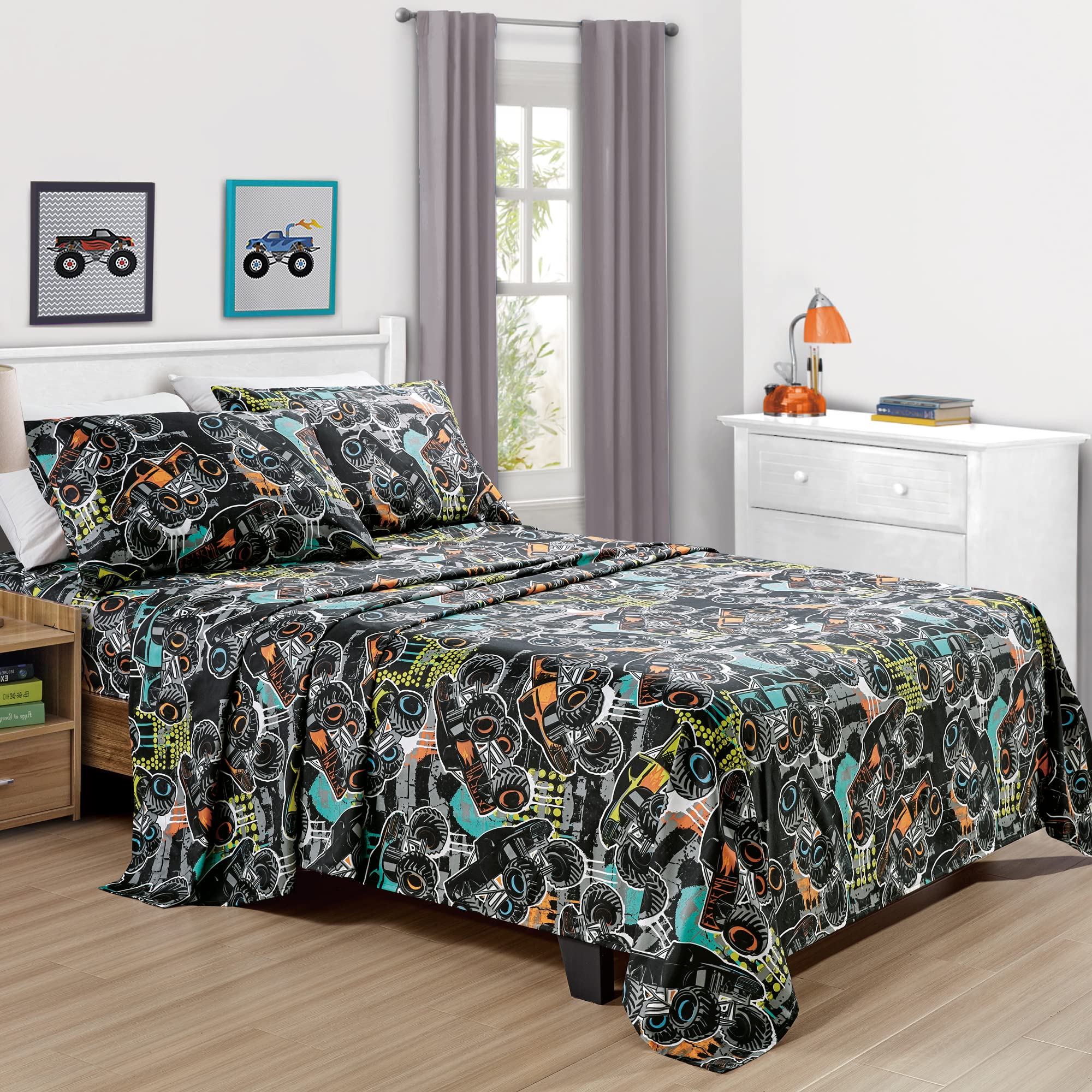 Chezmoi Collection 4-Piece Kids/Teens Monster Trucks Sheet Set - Soft Microfiber Multi-Color Printed Monster Truck Racing Fun Ki